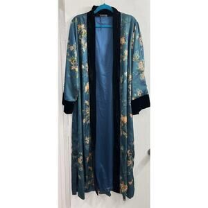 KIM + ONO Kimono Robe Women’s One Size Teal Floral Black Velvet Trim and belt